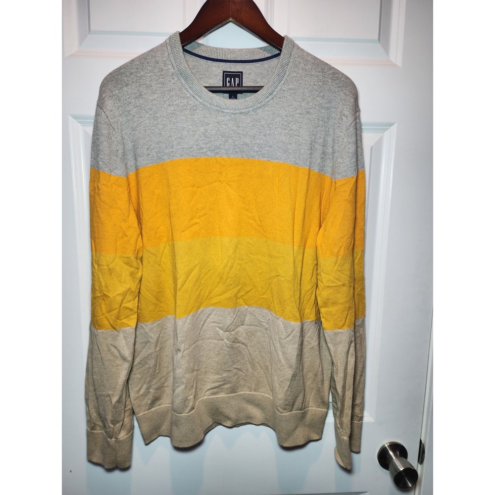 Gap Mens Large 100% Cotton Colorblock Crewneck Sweater Grey Yellow Tan Striped
